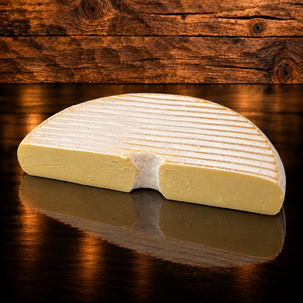 Rindaler Brie offen auf Holzschneidebrett