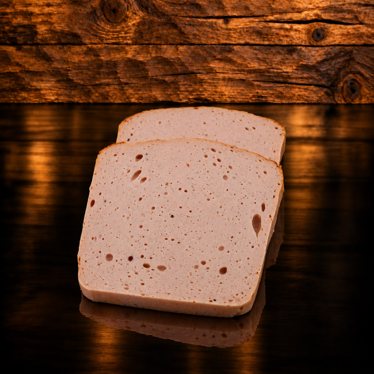 Deli Fleischkäse Portion auf Holzschneidebrett