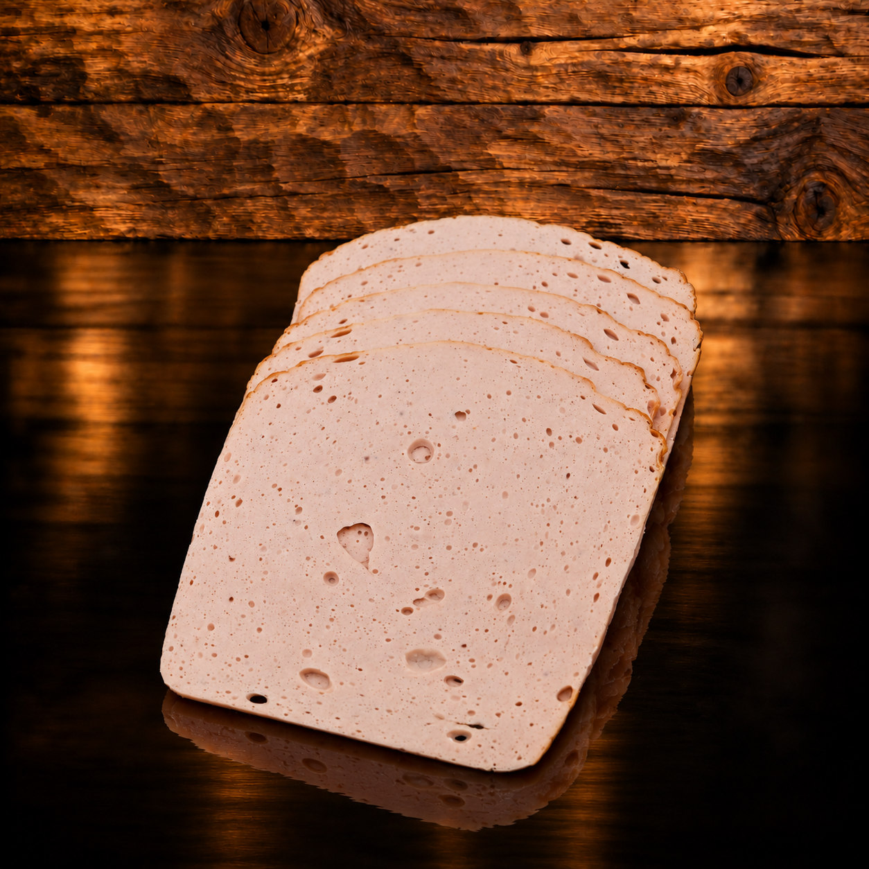 Deli-Fleischkäse geschn. auf Holzschneidebrett