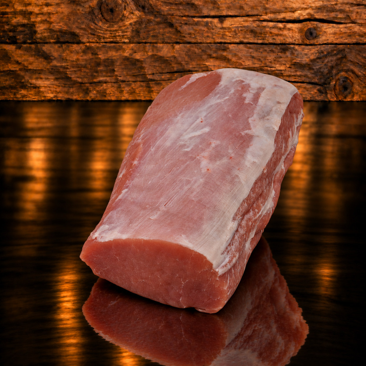 Schweinsnierstück am Stück auf Holzschneidebrett