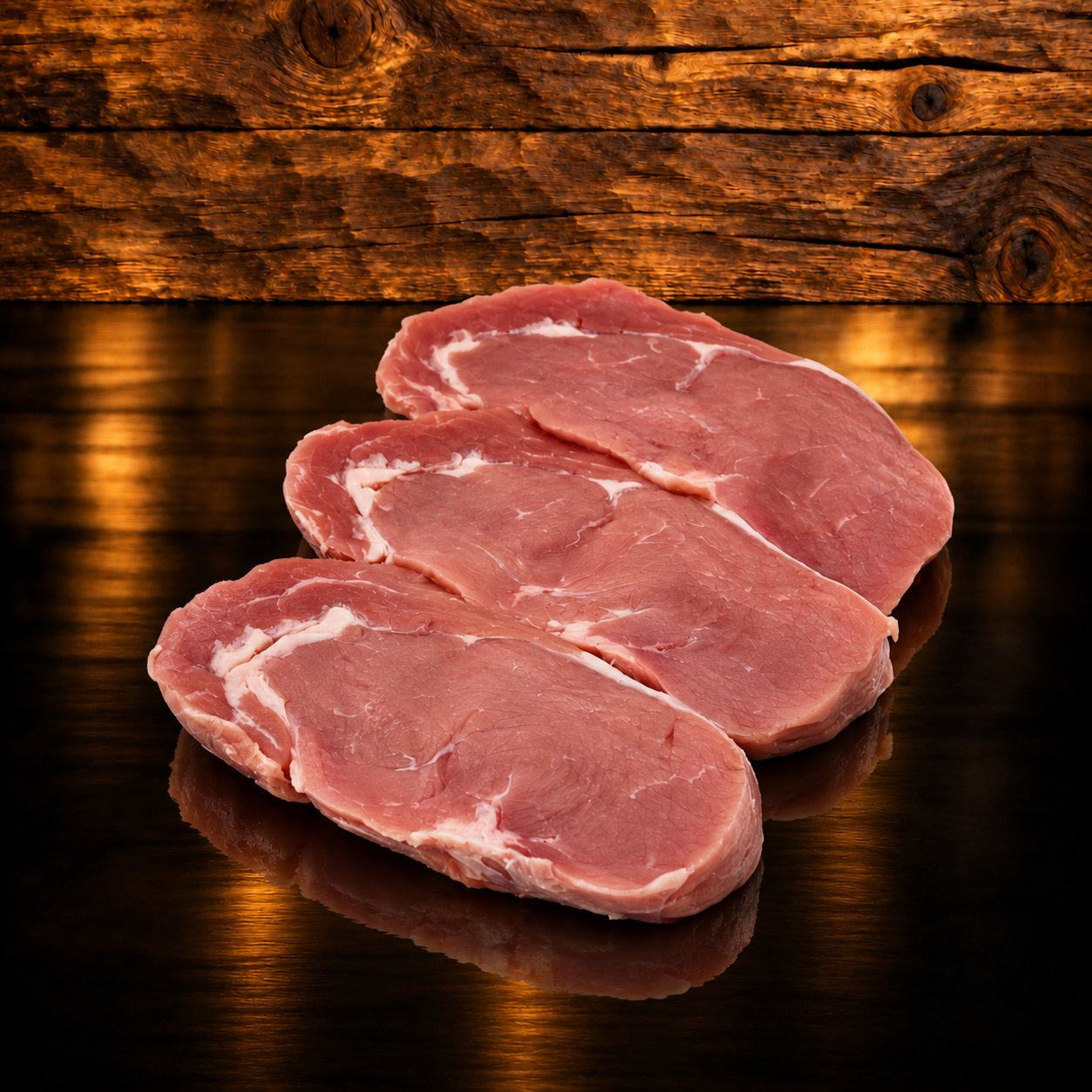 Kalbshohrückensteak auf Holzschneidebrett