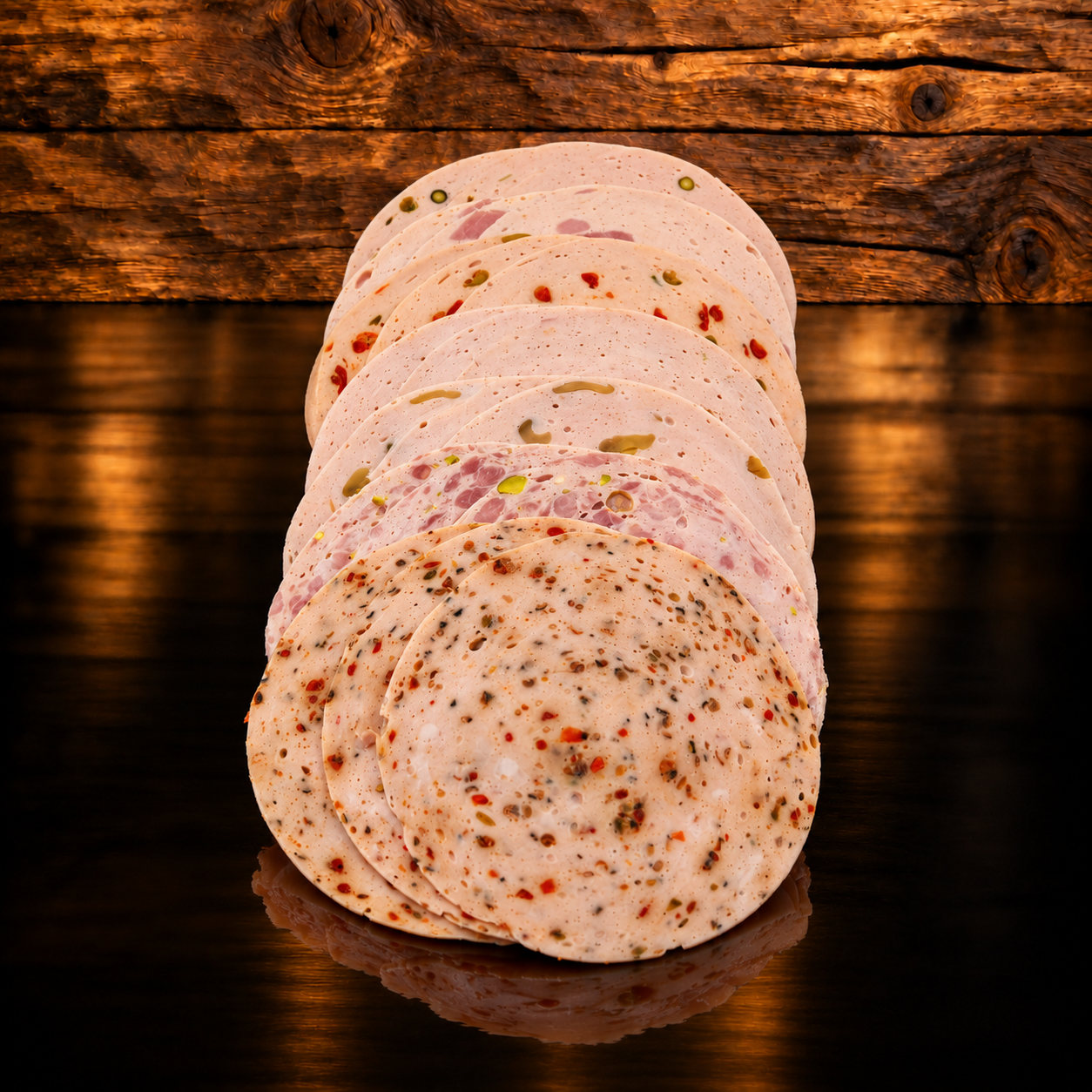 Deli-Aufschnitt geschnitten auf Holzschneidebrett