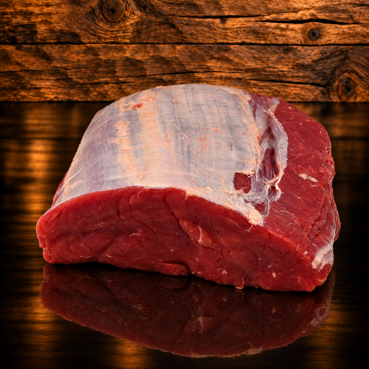 Rindsentrecôte am Stück auf Holzschneidebrett
