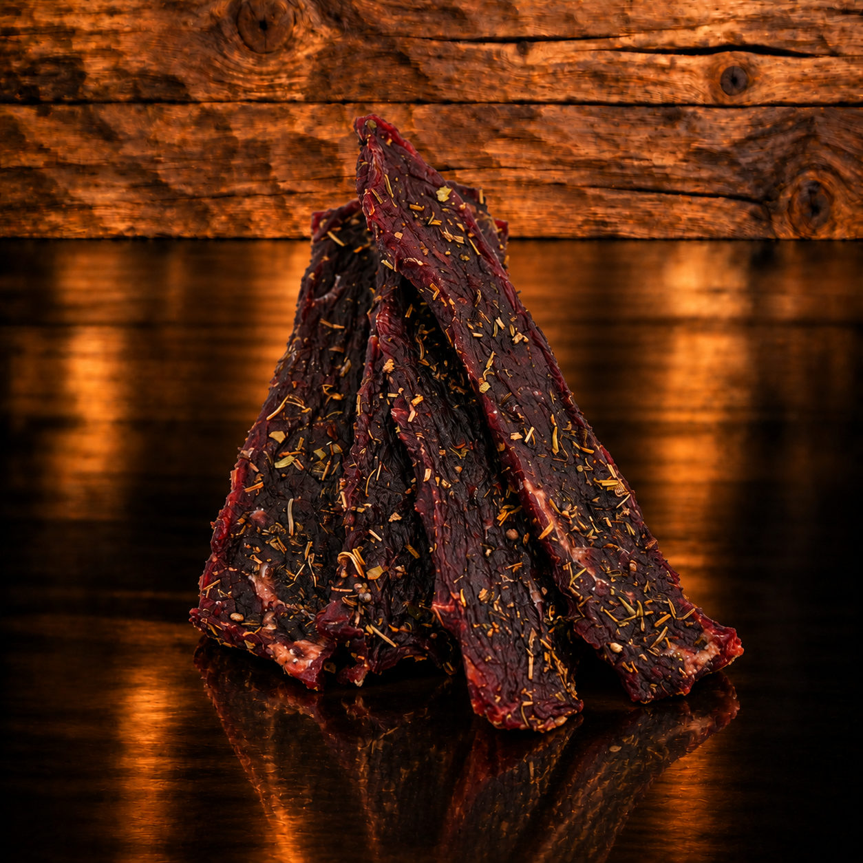 Beef Jerky Kräuter auf Holzschneidebrett