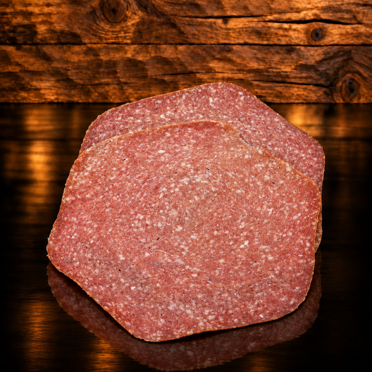 Knoblauch Salami geschnitten auf Holzschneidebrett