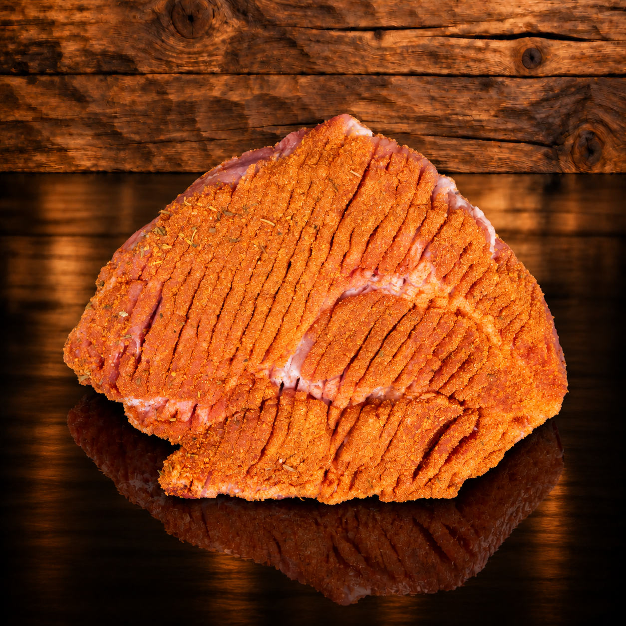 Grillsteak gewürzt auf Holzschneidebrett