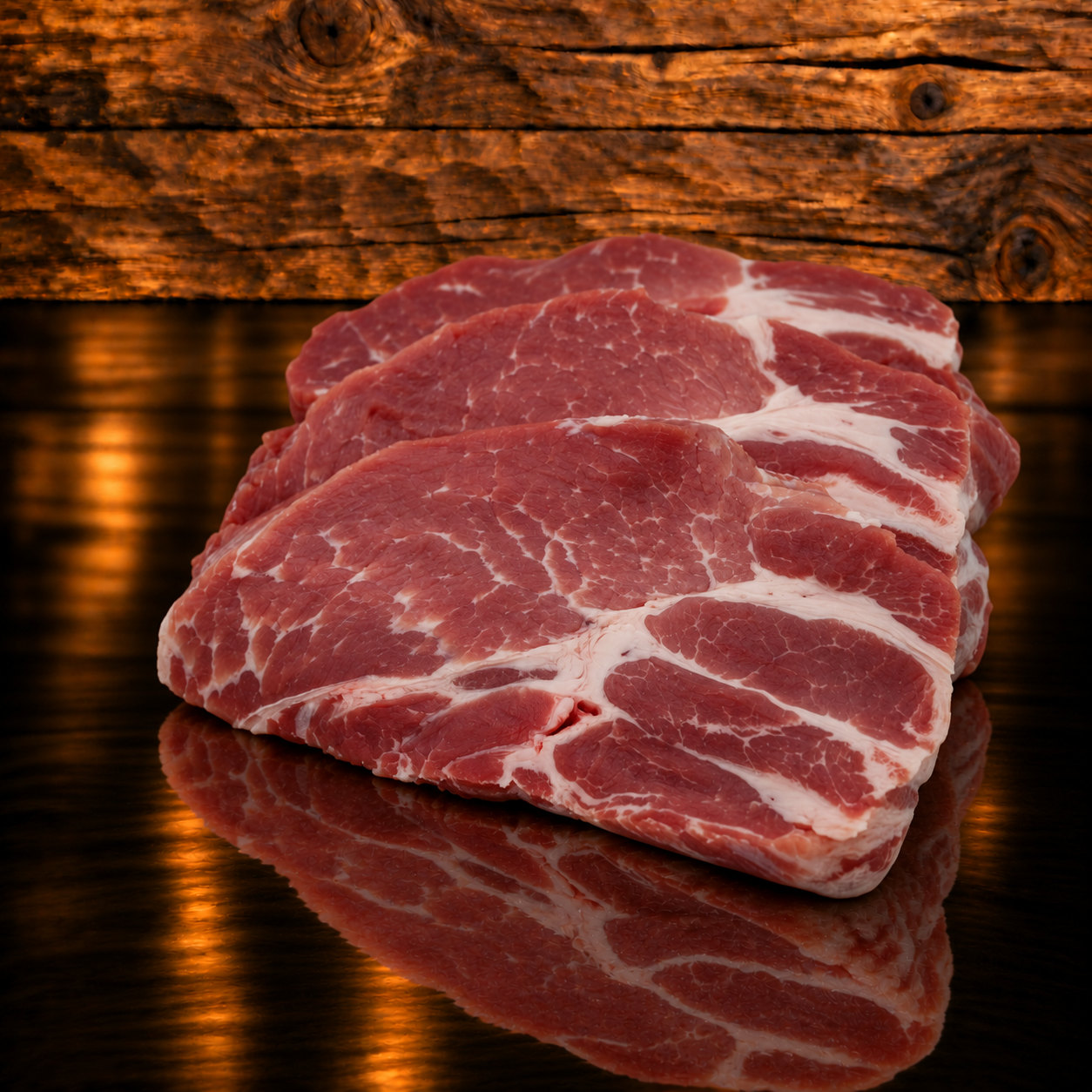 Schweinshalssteak auf Holzschneidebrett