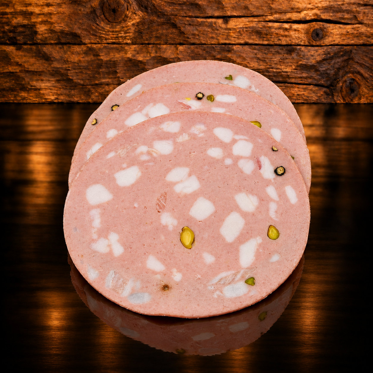 Mortadella ital. Geschnitten auf Holzschneidebrett