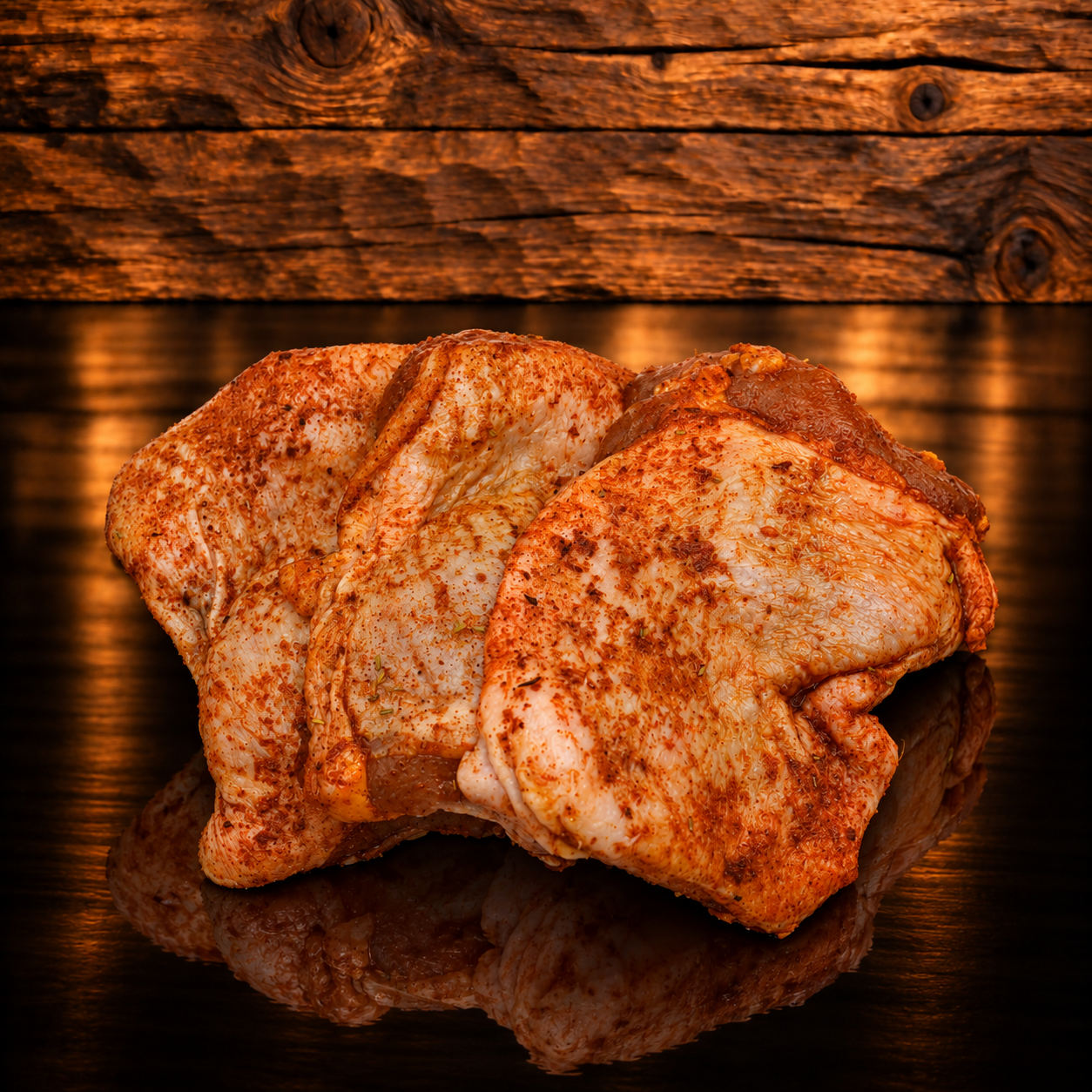 Pouletschenkelsteak gewürzt auf Holzschneidebrett