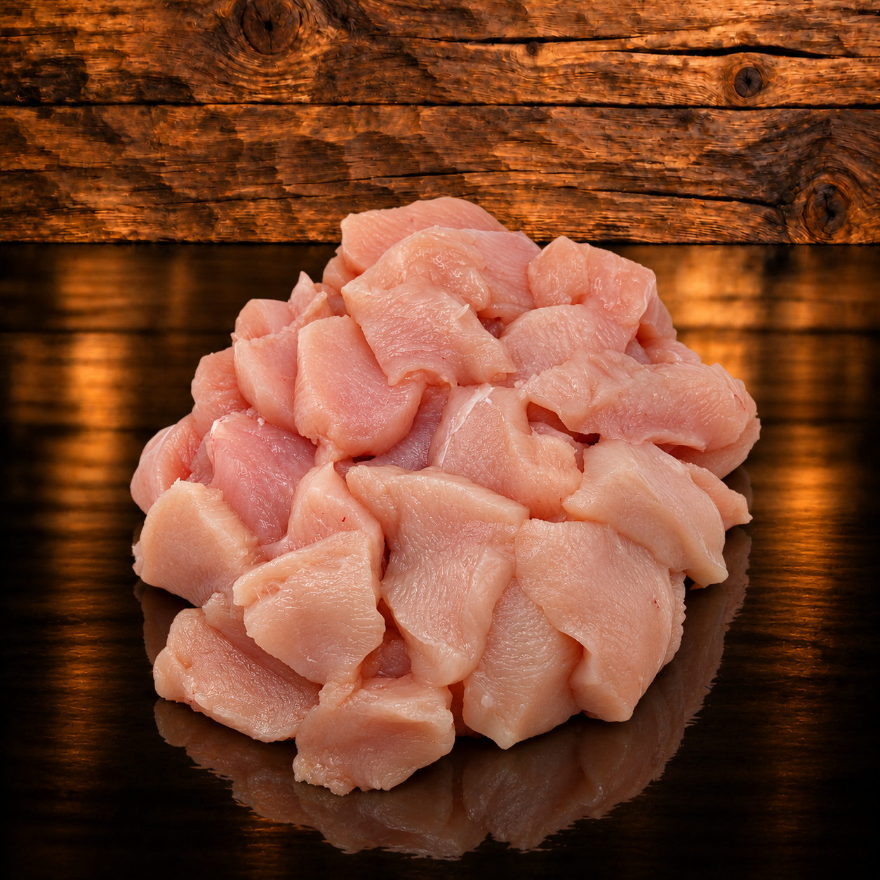 Pouletfleisch geschnetzelt auf Holzschneidebrett