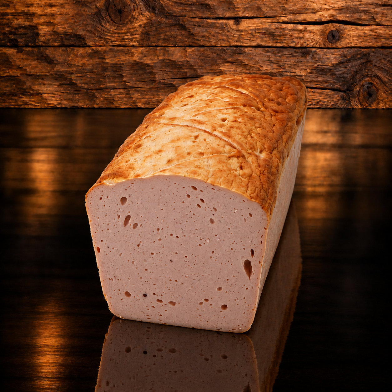 Deli Fleischkäse ganz auf Holzschneidebrett
