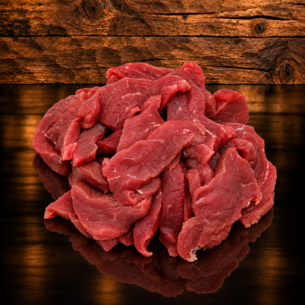 Rindfleisch geschnetzelt auf Holzschneidebrett