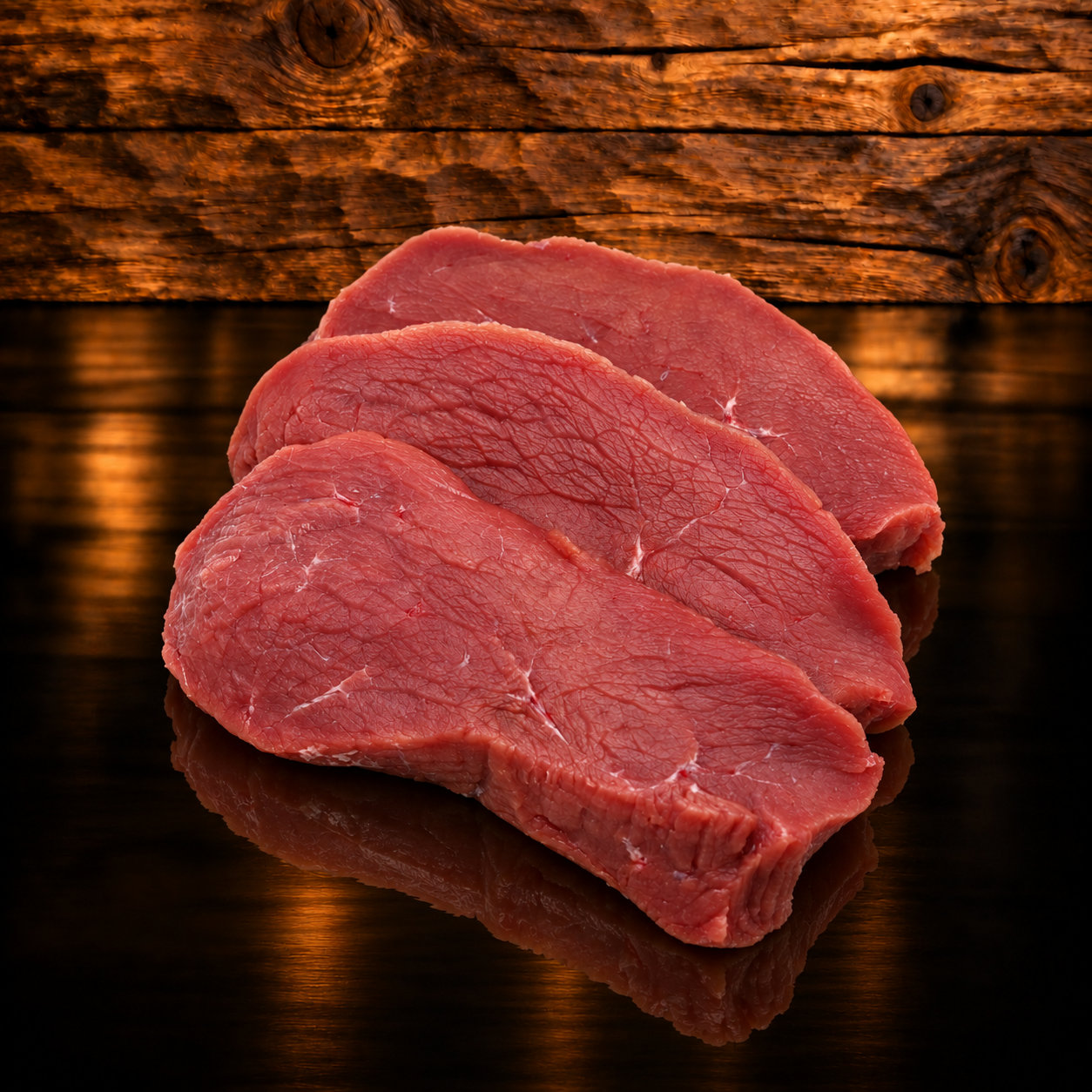 Kalbshuftsteak auf Holzschneidebrett