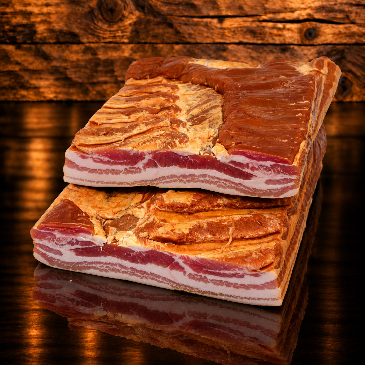 Frühstücksspeck am Stück auf Holzschneidebrett