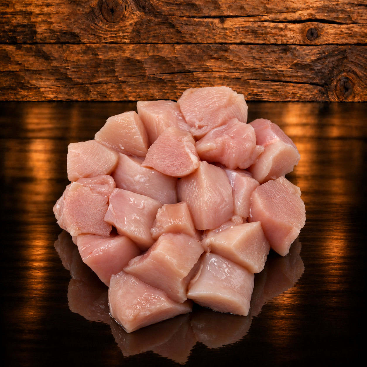 Poulet Würfel auf Holzschneidebret